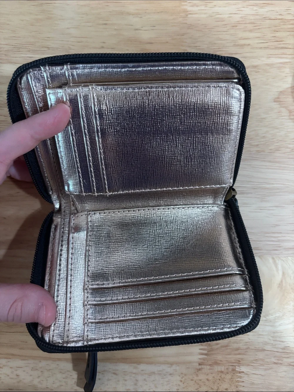 Fossil Black Leather Zip Card Wallet with Gold Accents